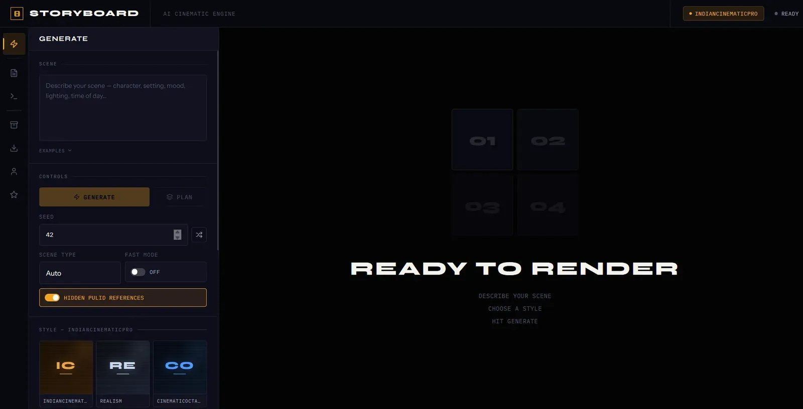 Screenshot of Vivid’s storyboard tool, ready to render: a box for the scene, controls and style choices on the left, and four empty frames on the right.
